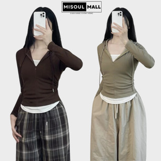  Áo Thun Tăm Dài Tay Nhún Eo Phối 2 Lớp Có Mũ Khóa Kéo Trước BigSize MiSoul Mall Áo Dài Tay Mix Viền Trắng 363 