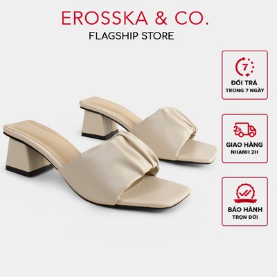 Erosska - Dép cao gót nữ mũi vuông quai ngang nhún sang trọng cao 5cm màu kem - EM099