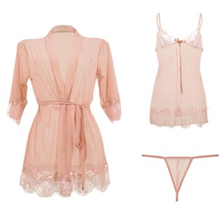  Đồ ngủ nữ gợi cảm sexy gồm Váy và Áo choàng kiểu đầm 2 dây xuyên thấu tặng Quần lót khiêu gợi quyến rũ 