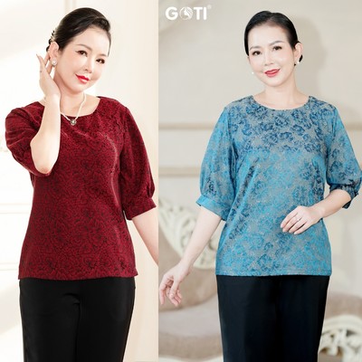 GOTI Áo Trung Niên Nữ Cao Cấp Kiểu Áo Gấm Hoa Đính Nút Thanh Lịch From Suông Rộng Bigsize 3A51