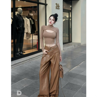 Set đồ nữ tiểu thư sang chảnh cá tính áo kiểu ngắn dài tay cut out ngực phối quần da suông dài ống rộng thiêt kế LONA