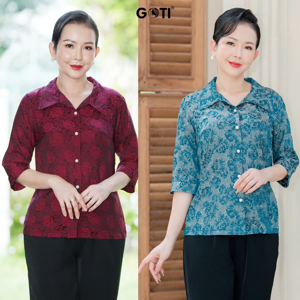 GOTI Áo Nữ Trung Niên U50 U60 Quà Tặng Mẹ Cao Cấp  Áo Sơ Mi Gấm Hoa Cổ Bẻ Tay Lỡ Sang Trọng 3A53
