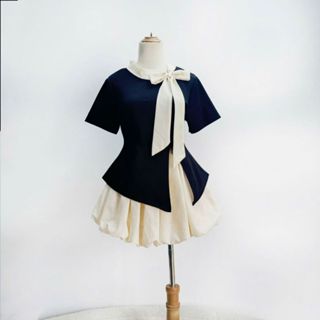 Set Áo Váy Bigsize Nữ Áo Tay Ngắn Ôm Body Phối Nơ Cổ Xinh Kèm Chân Váy Ngắn Bồng Cho Chubby SET935