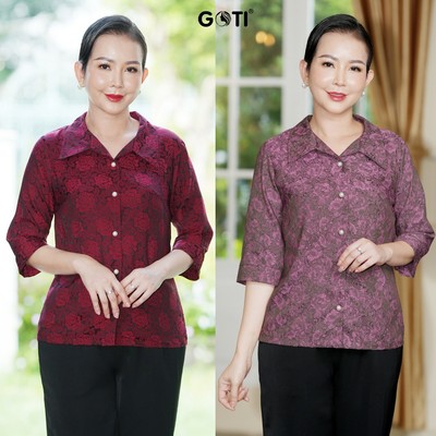 GOTI Quà Tặng Mẹ Bigsize 46-80kg Áo Nữ Trung Niên Gấm Hoa Cao Cấp Tay Lững Cổ Bẻ Phối Nút 3A53