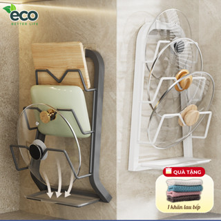 Kệ Cài Vung Dán Tường Thép Cacbon Chống Gỉ ECO, Giá Để Nắp Nồi Kem Khay Hứng Nước Thông Minh