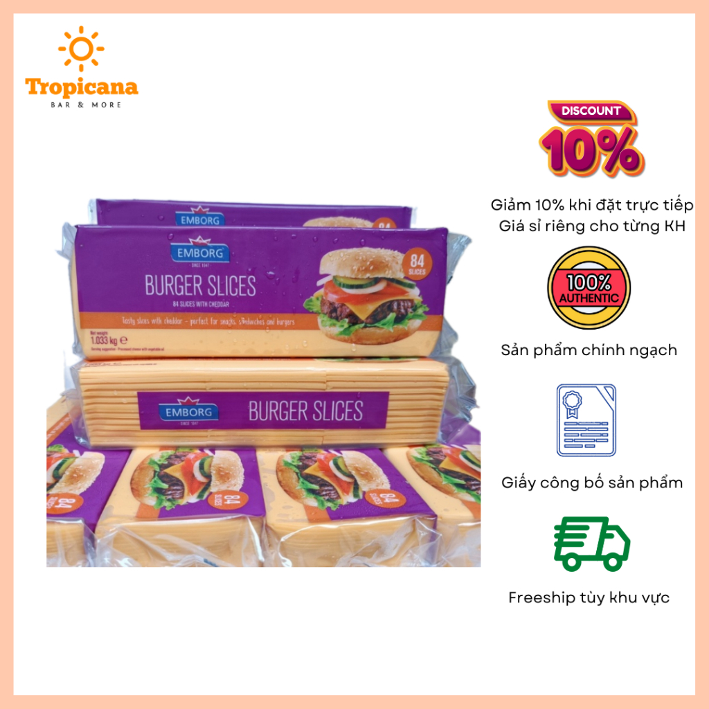 Phô mai lát Cheddar Emborg (Burger Slice) - 84 lát - Gói 1kg
