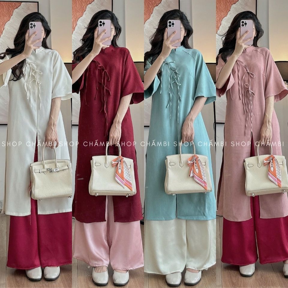[KO KÈM MẤN] Set áo dài cách tân nữ S.210, Set áo dài cách tân nữ cổ tàu tay lỡ 3 nơ to dọc thân cùn