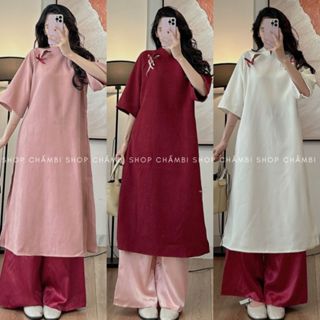  Áo dài nữ S.212 Áo dài cách tân cổ tàu tay lỡ viền nguyệt phối 2 nơ nhỏ thanh lịch - Shop Chấm Bi 