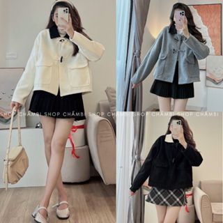 Áo dạ nữ A.566, Áo khoác dáng vừa tay dài đính khuy sừng túi nắp phối cổ đen - Shop Chấm Bi
