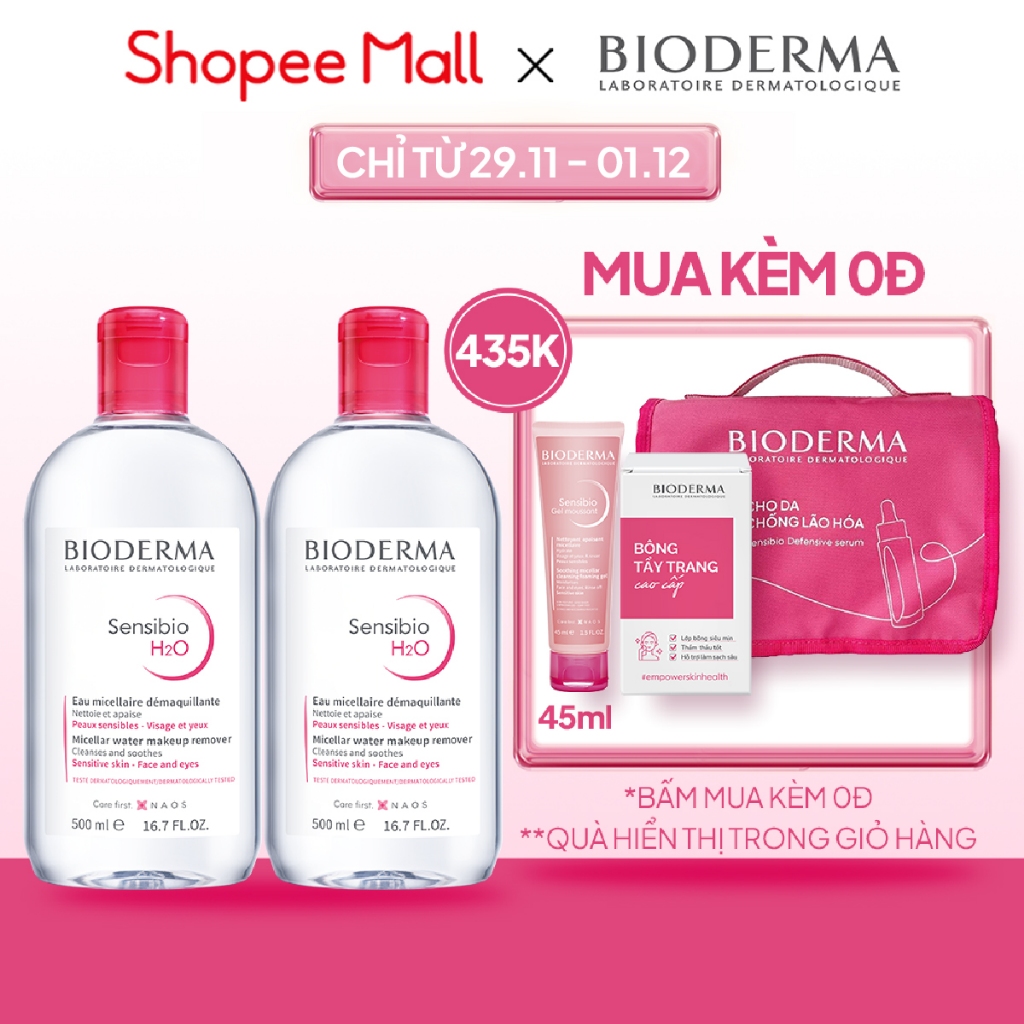 Bộ Đôi Nước Tẩy Trang Micellar Cho Da Nhạy Cảm Bioderma Sensibio H2O - 500Mlx2