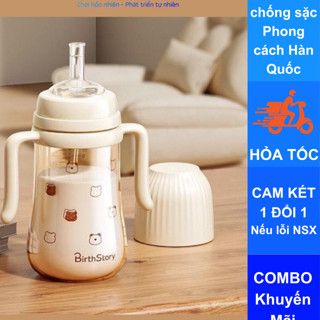 Bình tập uống nước cho bé họa tiết gấu Hàn Quốc, Bình tập hút cho bé mỏ vịt có kèm ống hút chống sặc cho bé
