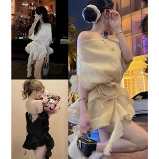 [Kèm Quần] Đầm Tơ Bigsize Nista Trễ Vai Hở Lưng Váy Liền Cúc Bọc Có Hoa Bigsize Từ 55- 90 Ký To02