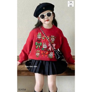  Bộ áo nỉ đỏ mix chân váy xếp li đen cho bé gái in hình Labubu Noel hàng cao cấp ELAINE | ELN154 