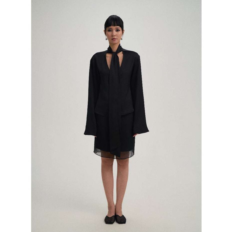 Đầm đen lụa nữ dáng ngắn phối sơ mi cách điệu buộc cổ- Set BEING silk set(có tách set) by Being Atel