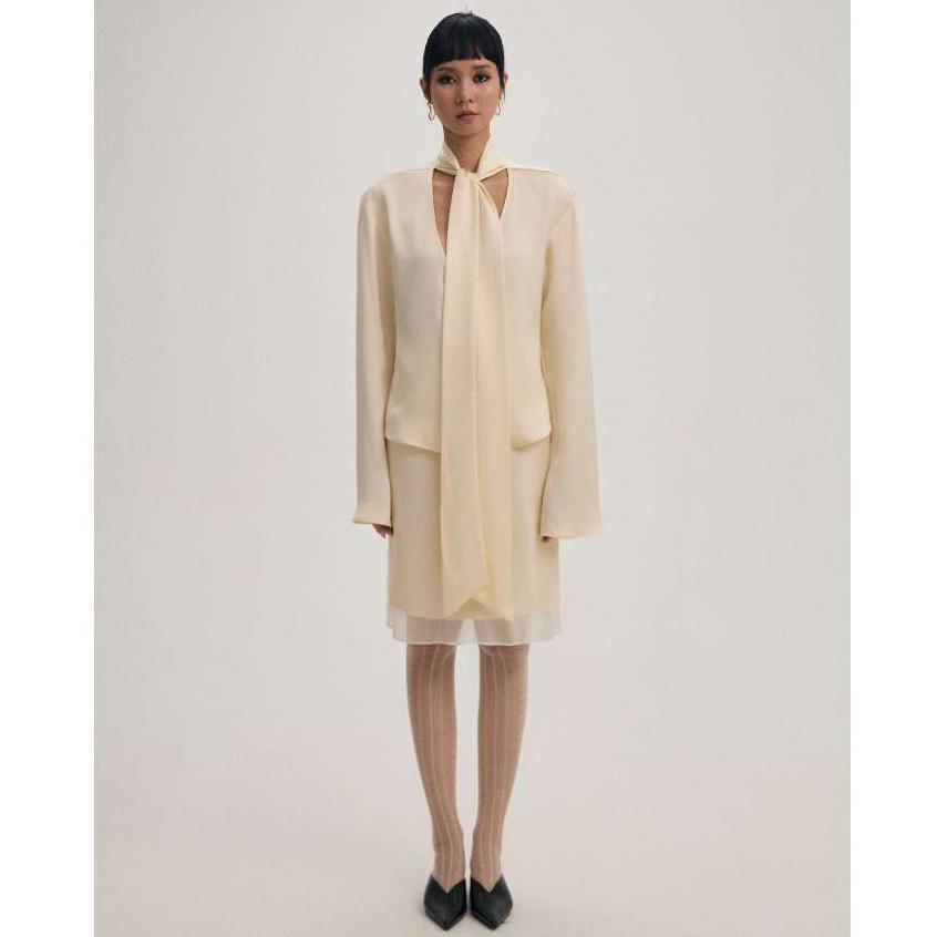 Đầm đen lụa nữ dáng ngắn phối sơ mi cách điệu buộc cổ- Set BEING silk set(có tách set) by Being Atel