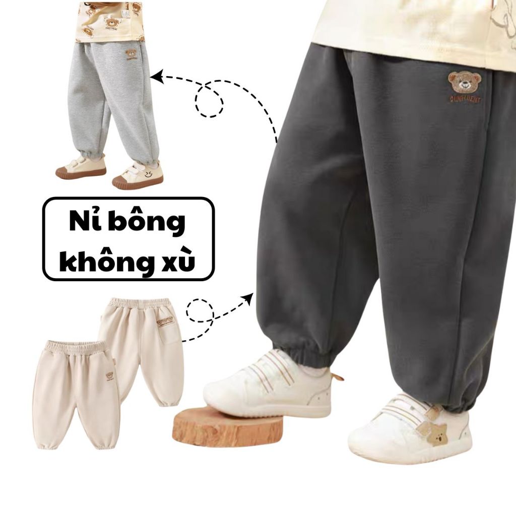 Quần nỉ bé trai bé gái mùa đông chất nỉ bông mềm mịn thêu gấu phong cách Hàn Quốc kiểu Bomber dễ phối đồ - Chebokids