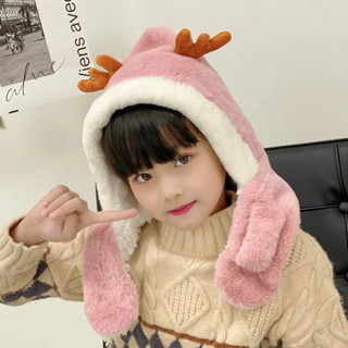  TE25 Mũ lông cừu kèm khăn quấn cổ mũ chùm đầu hình sừng hươu cho bé từ 2-8 tuổi mũ len cho bé dày dặn ấm áp 