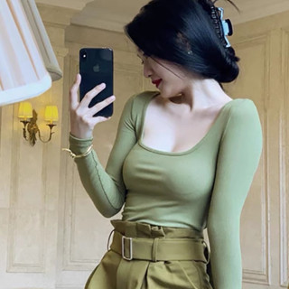 Áo thun nữ dài tay cổ vuông vải thun mát mịn dáng ôm body nhiều màu hàng có sẵn tại LalaLand