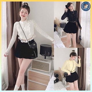 [A379] Áo len kiểu nữ CÚC BỌC phối REN tay dài LOẠI 1 phối thun 2 LỚP họa tiết Quảng Châu HOT - L2M