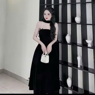 Đầm thời trang nữ mặc đi dự tiệc chất nhung cổ dây không tay đính nơ váy chữ A dáng maxi siêu xinh điệu đà