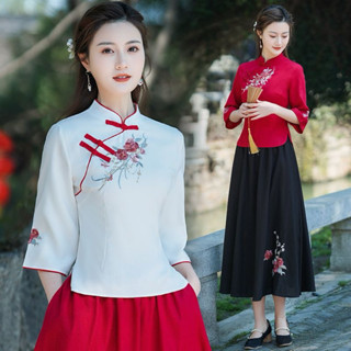 [KHÔNG CÓ SẴN_Order]Set áo cổ tàu sườn xám cách tân áo đỏ mặc Tết kiểu trung hoa trung quốc