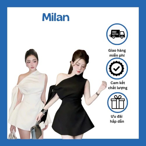 Váy Thiết Kế Lệch Vai Buộc Nơ Chiết Eo Dáng Xoè Sang Chảnh 2 Màu (V66)