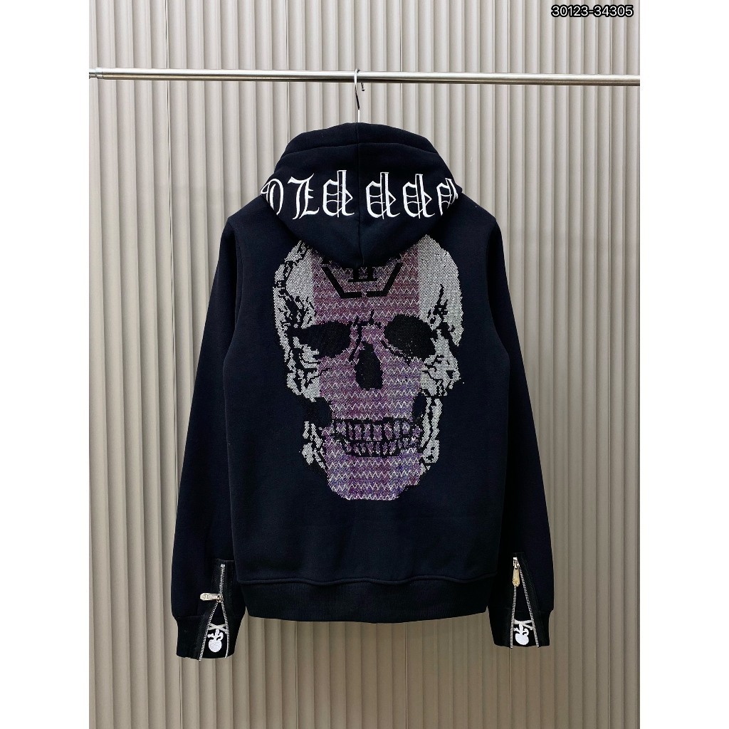  Áo Khoác Hoodie Philipp Plein Đính Đá Đầu Lâu TO CHỮ MŨ  Logo Kim Loại - Áo Khoác Nam Nữ Philip 