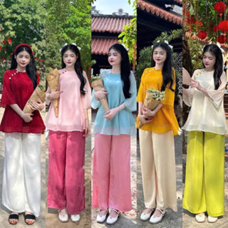 [pháp phục đi chùa] Set Voan Tơ Xòe Đính Nút Bọc Kèm Quần Lụa Truyền Thống Mặc Đi Chùa