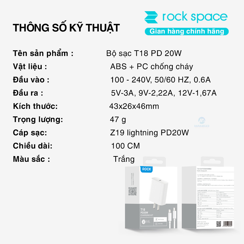 Bộ Sạc nhanh 20W Rockspace T18 hàng chính hãng bảo hành 12 tháng 1 đổi 1 | BigBuy360 - bigbuy360.vn