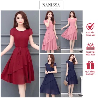 ĐẦM XÒE VOAN DỰ TIỆC HAI TẦNG TAY CON  THẮT NƠ EO SIÊU XINH XẾP LI 2 TẦNG