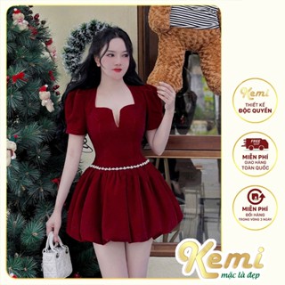  Đầm dự tiệc váy Nhung xẻ ngực dây viền eo đá bling bling sang chảnh tôn dáng Kemi 