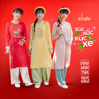 Set Áo dài lụa hoa cúc  CHIPPO dáng cách tân mẫu mới cho bé gái từ 12 13 14 15 tuổi (36-55kg) mặc Tết