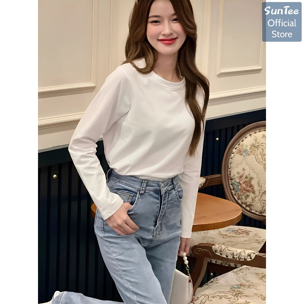 Áo thun dài tay nữ SUNTEE STDT001 form vừa phong cách basic trơn vải cotton 250GSM cao cấp | BigBuy360 - bigbuy360.vn