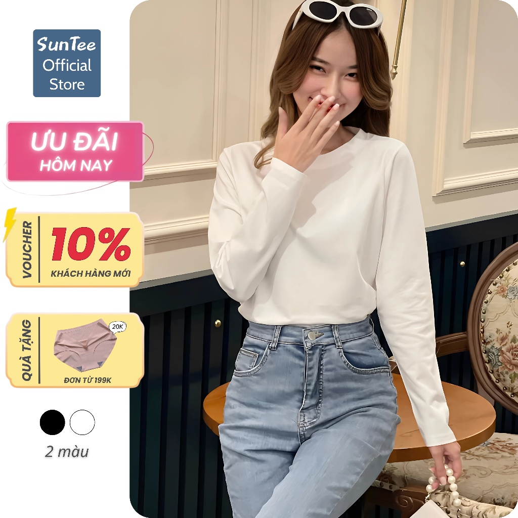 Áo thun dài tay nữ SUNTEE STDT001 form vừa phong cách basic trơn vải cotton 250GSM cao cấp