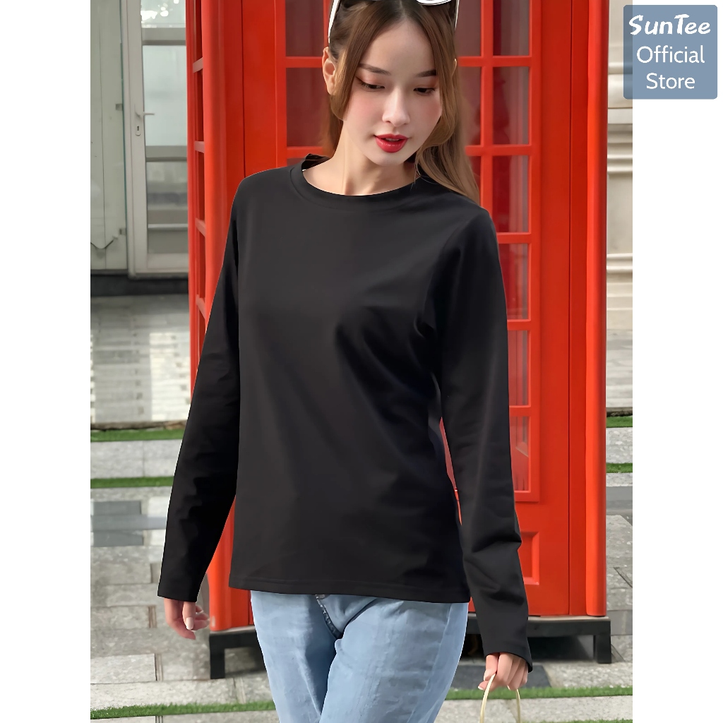 Áo thun dài tay nữ SUNTEE STDT001 form vừa phong cách basic trơn vải cotton 250GSM cao cấp | BigBuy360 - bigbuy360.vn
