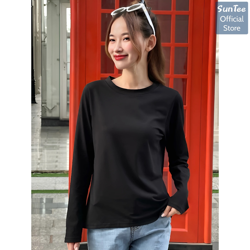Áo thun dài tay nữ SUNTEE STDT001 form vừa phong cách basic trơn vải cotton 250GSM cao cấp | BigBuy360 - bigbuy360.vn