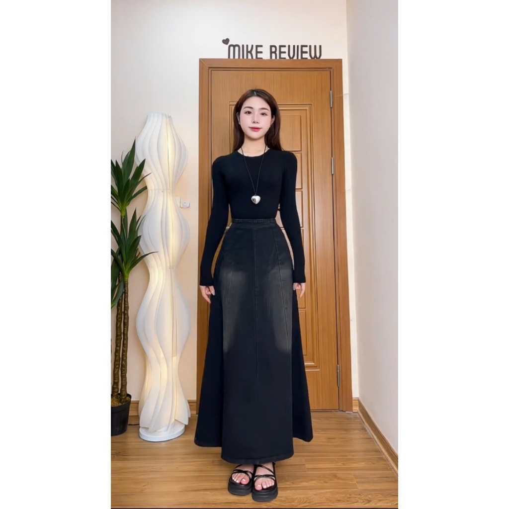 Chân váy jean dài SARAMIA, chân váy dài xòe cạp lưng cao chất không co giãn phong cách Hàn Quốc V16 | BigBuy360 - bigbuy360.vn