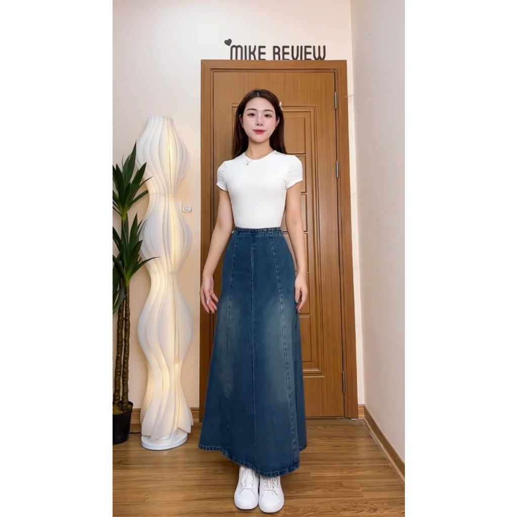 Chân váy jean dài SARAMIA, chân váy dài xòe cạp lưng cao chất không co giãn phong cách Hàn Quốc V16 | BigBuy360 - bigbuy360.vn
