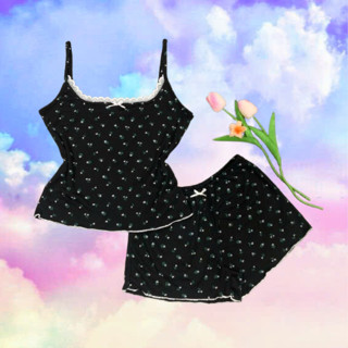 Set bộ ngủ Hoa nhí nữ áo 2 dây phối ren, nơ và quần bèo [XmFamily] chất thun tăm mịn mát, đồ bộ ngủ 2 dây trendy