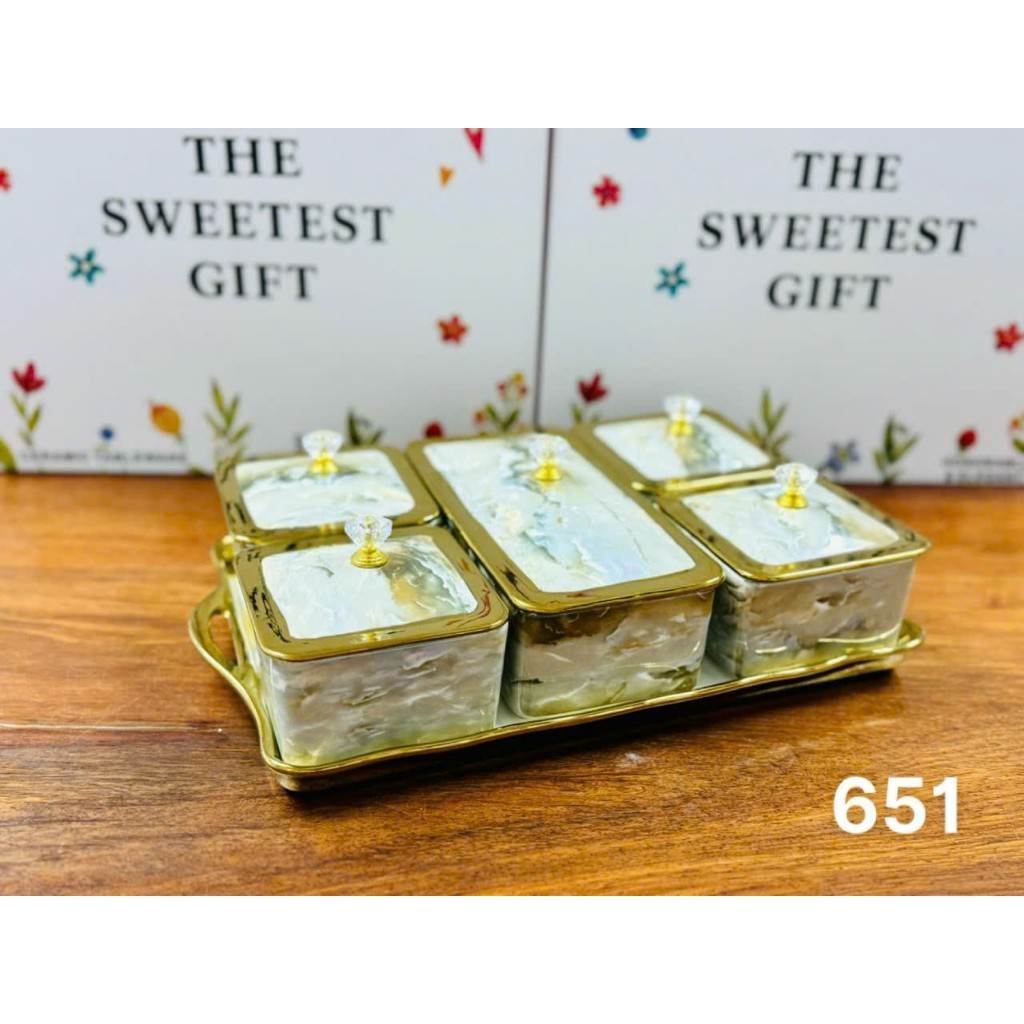 Tết Khay mứt 5 hũ sứ, kèm khay sứ họa tiết vân đá viền vàng sang trọng, đựng mứt, đựng bánh kẹo ngày