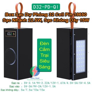 Box Sạc Dự Phòng 32 Cell Pin 18650 Sạc Nhanh 22.5W, Sạc Không Dây 15W, Đèn Led Siêu Sáng(Không gồm pin)