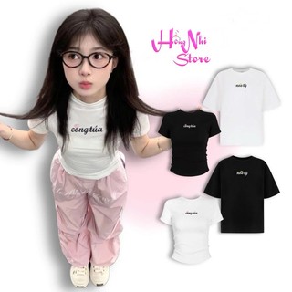  Áo Thun Cặp Baby Tee Thun Tay Lỡ Thêu Chữ Công Túa Noo Tỳ Form Rộng 75kg Ulzzang - MM Hồng Nhi Store 