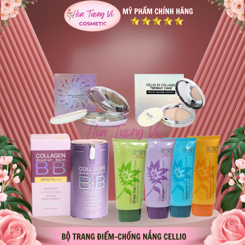 [Bộ CELLIO]Kem Nền BB Collagen - Phấn phủ Collagen-Kem chống nắng