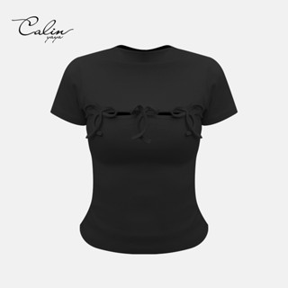 Áo thun kiểu nữ thiết kế khoét ngực tinh tế đính nơ dễ thương - Black Rosie