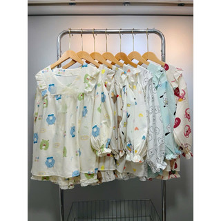 Bộ đồ ngủ babydoll tay dài vãi đũi mềm mát có bèo viền ren nhiều họa tiết hàng đang hót