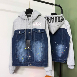 Áo khoác bò có mũ nam nữ DSQ denim xanh bạc vảy sơn phối ghép nỉ xám in chữ mũ 2 lớp boy phố hot nhất 2024 hiện nay