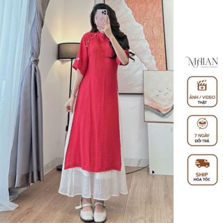  Set áo dài cách tân 2tà cổ tàu đính cúc ngọc trai họa tiết thêu hoa Maian áo tay lỡ kèm chân váy voan dài cạp chun S5051 