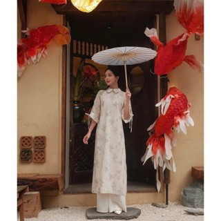 Áo Dài Form Suông Cổ Sen Thêu Hoa Phối Quần Suông Thanh Lịch Trẻ Trung - D1010 TH