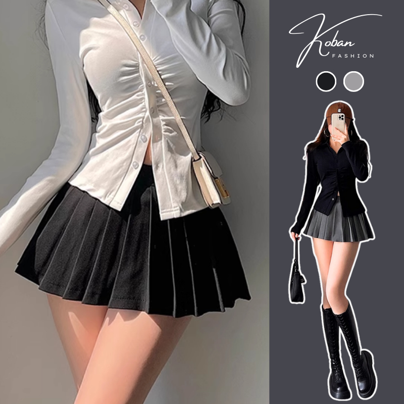[KB23] Chân váy xếp ly ngắn KOBAN có quần bảo hộ dày dặn màu đen ghi, váy ngắn cạp cao