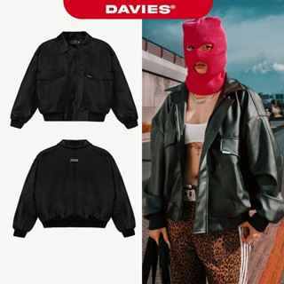 Áo khoác da bomber 2 lớp logo inox DAVIES màu đen thiết kế túi xéo và đường cắt tay áo độc đáo Classy Jacket| D32-AK6-DA